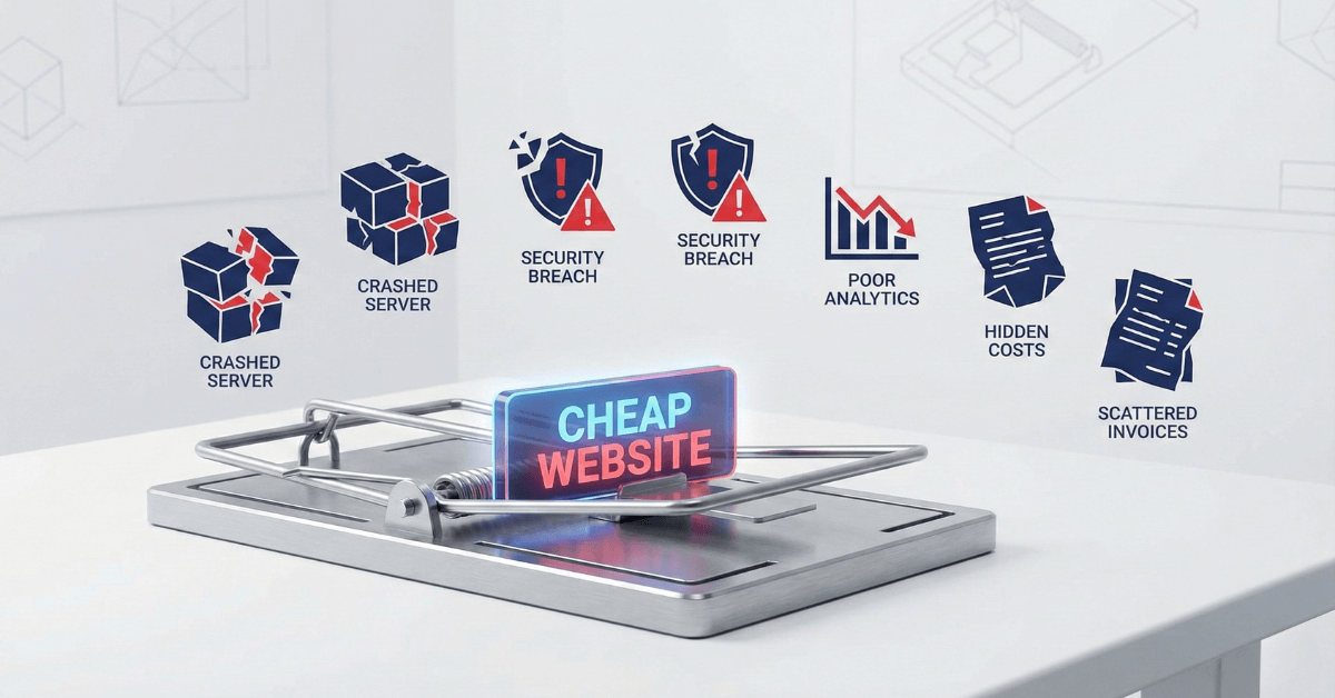Капан на евтиния уебсайт - "Cheap Website" като примамка в мишеловка, заобиколен от проблеми като crashed servers, security breach, poor analytics, hidden costs