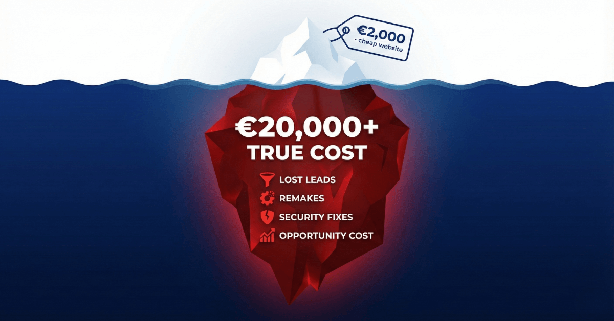 Айсберг метафора - видими 2,000 евро за евтин сайт над водата, скрити 20,000+ евро истински разходи под водата включващи загубени запитвания, преправяния, поправки на сигурността