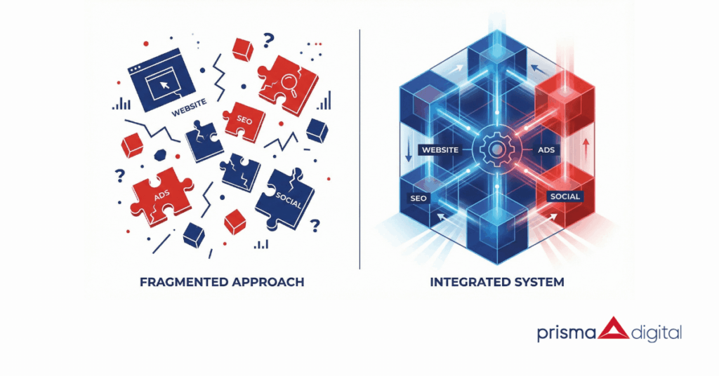 Фрагментиран подход към дигитален маркетинг срещу интегрирана система - разпръснати елементи (website, SEO, ads) срещу свързана структура
